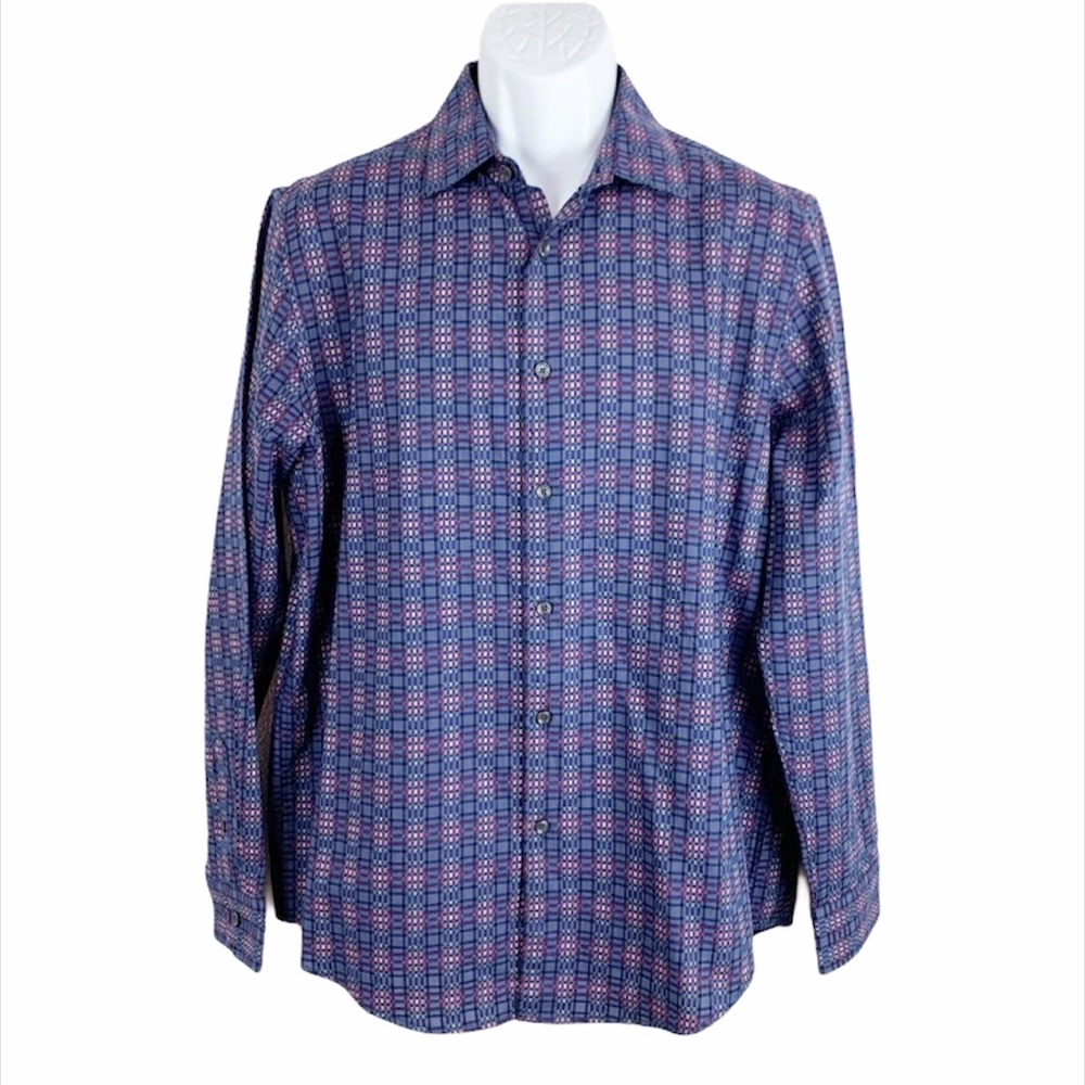 Tasso Elba Button Down Shirt Men Medium Blue Plaid Long Sleeve Cotton Dress